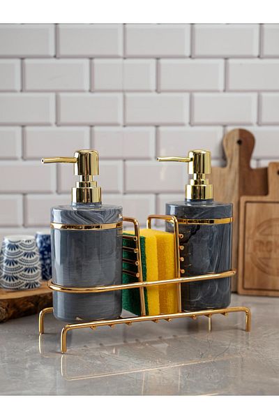 Trend Banyo Mutfak Gray 2-Piece Gold Soap Dispenser / Detergent Dispenser with Stand