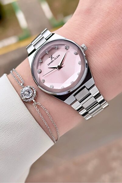 Daniel Klein Kadranı Pembe Kordonu Gümüş Renk Kadın Kol Saati ve Bileklik