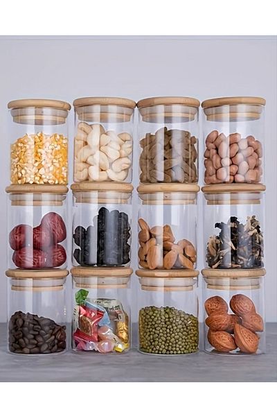 Kitchen Pembelia 12 Pieces of Bamboo Vacuum Lid 250 ml Spice Rack Set Spice Rack Set