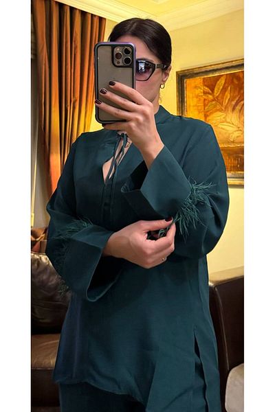 Sachistanbul Dubai Satin Sleeve Feather Detailed Double Set