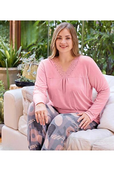 İpek Women's Long Sleeve Lace Plus Size Pajama Set