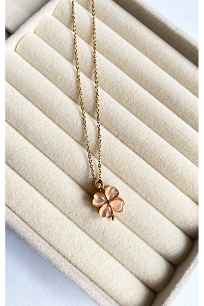 Diamara Designs Dönen Yonca Kalpli Somon Antistress Kadın Çelik Kolye Gold