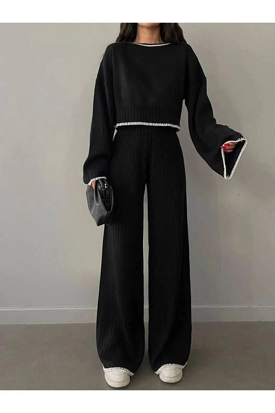 Askı Nişantaşı Cream Front Embroidery Detailed Knitwear Trousers Set