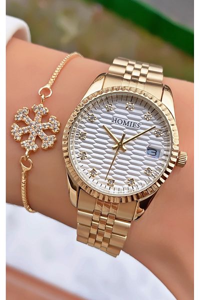 Homies Brand Gold Color Waterproof Women's Wristwatch - With Bracelet Gift