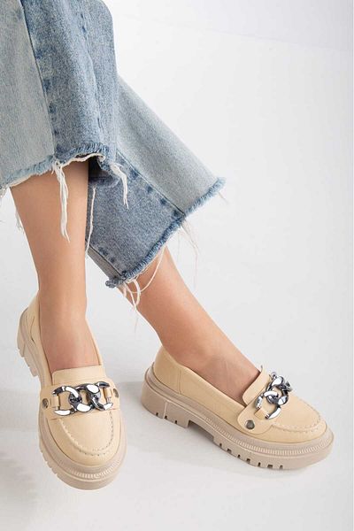 Cansu Ayakkabı Cansu Shoes Loafer Beige Casual Buckle Silver Chain Detailed Daily Comfortable Shoes