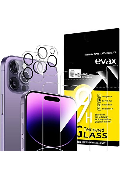 Evax (2 CAM + 2 LENS) iPhone 14 Pro Max Uyumlu 2 Adet Ekran Koruyucu ve 2 Ade...