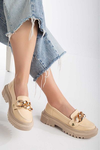Cansu Ayakkabı Cansu Shoes Loafer Beige Casual αγκράφα Χρυσή αλυσίδα Λεπτομερή καθημερινά άνετα παπούτσια