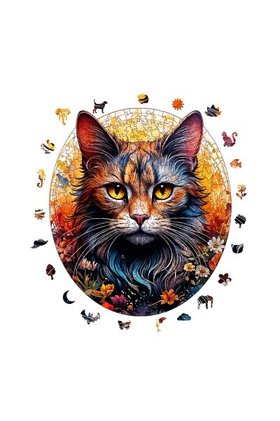 Pinecone Wooden Puzzle with Cat and Flower Pattern - 333 Piece Puzzle, Foil Included, 29X29 cm Wz-24