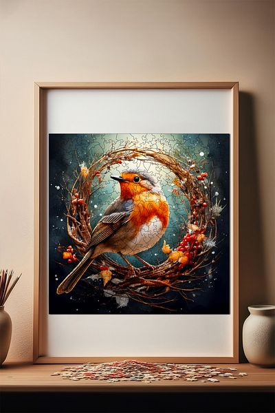 Pinecone Robin Bird Wooden Puzzle - 353 Piece Puzzle, Unique Foil, 29X29 cm S1-39