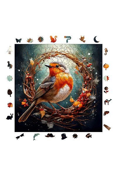 Pinecone Robin Bird Wooden Puzzle - 353 Piece Puzzle, Unique Foil, 29X29 cm S1-39