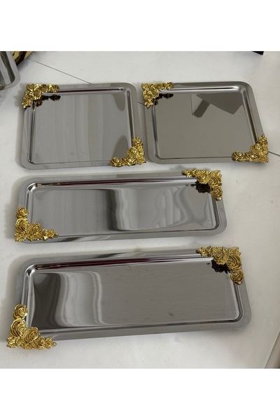Elzemm store ÇELİK 2 ADET KARE 2 ADET DİKDÖRTGEN GOLD AKSESUARLI SUNUM TEPSİSİ