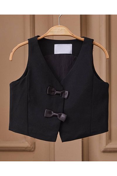 Lolliboomkids Vestă cu fundă de culoare neagră pentru fete - Pantaloni scurți Fusta Partea de jos Set de sus 2 piese