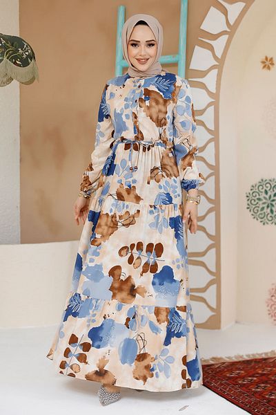 Neva Style Φόρεμα Hijab Καφέ με Floral σχέδιο 10214KH