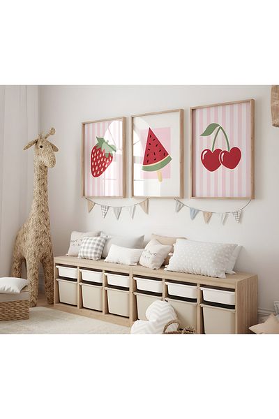 Home Red Berries on Pink Background 3 Kids and Baby Room Decor, Room Decor, Unframed Poster