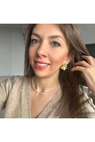 Jewstone Accessories Kum Incisi Kolye Ve Lotus Model Inci Küpe Takı Seti