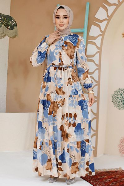 Neva Style Φόρεμα Hijab Καφέ με Floral σχέδιο 10214KH