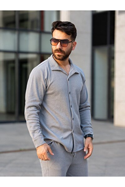 Man Forces Wear Erkek Gömlek, Gri Pamuklu Waffle Kumaş, Şık ve Mevsimlik, Günlük Spor Tasarım