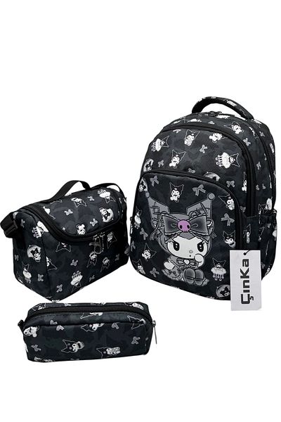 Çınka Bags Set de rucsac pentru școala primară pentru fete de culoare neagră cu model de caractere cu nutriție din folie și suport pentru stilou