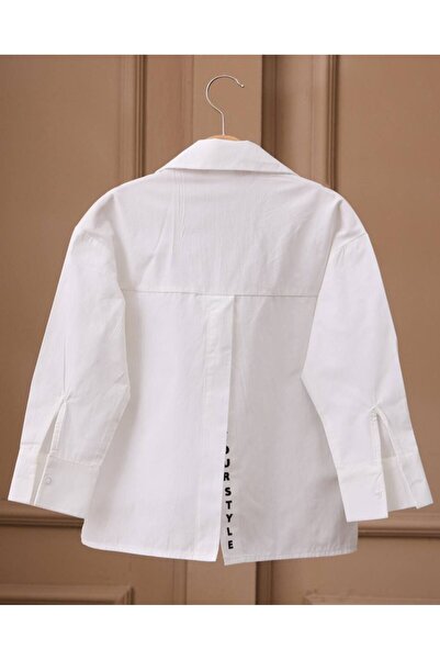 Lolliboomkids Girl's Asymmetrical Cut Back Slit and Lettering Detailed Button Closure White Color Shirt