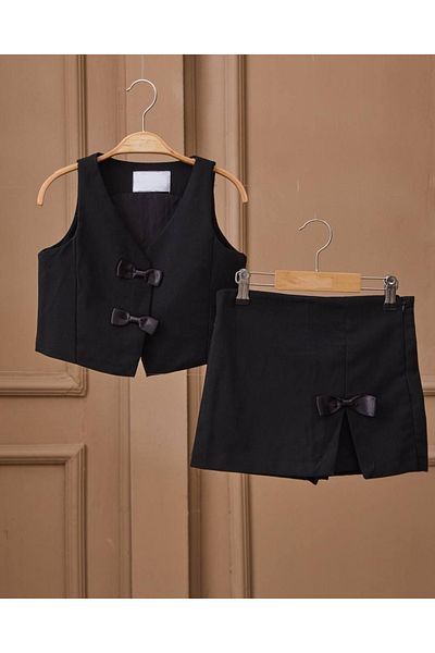 Lolliboomkids Vestă cu fundă de culoare neagră pentru fete - Pantaloni scurți Fusta Partea de jos Set de sus 2 piese