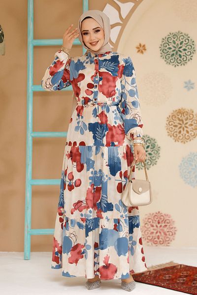 Neva Style Rochie Hijab Prune cu Motiv Floral 10214MU