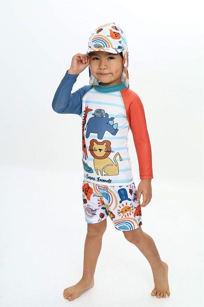 Lolliboomkids Σετ μαγιό με μοτίβο με χαρακτήρες Dinosaur για αγόρια με αντηλιακό καπέλο