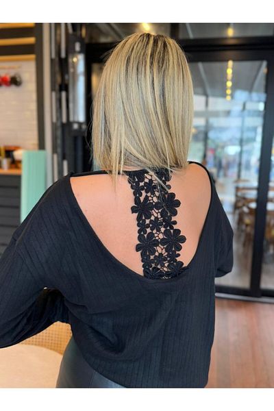 İpeksi Silky Women's Long Sleeve V Neck Window Back Lace Detail Thick Ribbed Camisole Blouse
