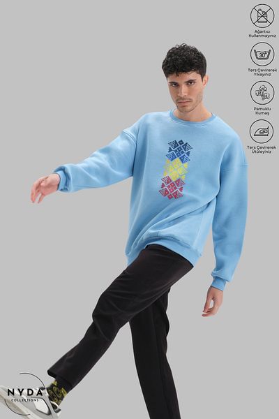 Nyda Collections Hanorac supradimensionat unisex cu mânecă lungă, cu imprimeu Cusatura, cu gât crew, fără glugă