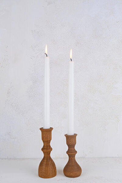 justwood 2 Li Damla Model Ahşap Şamdan Seti, Dekoratif Şamdan - 12 ve 17 Cm