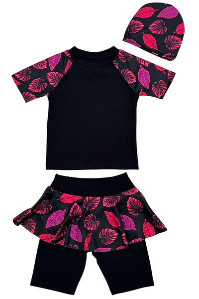 Lolliboomkids New Season Girls' Diving Cloth Tights with Skirt Short Sleeve 3 Piece Swimsuit Set Including Bonnet