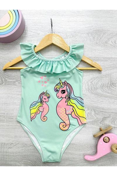 Lolliboomkids Girl's Sea Horse Character Print Pattern Ruffle Neck Detailed Swimsuit New Season