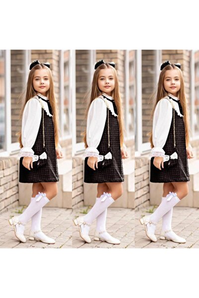 nisaykids Kız çocuk gömlek detaylı elbise çanta toka çorap takım 4 parça