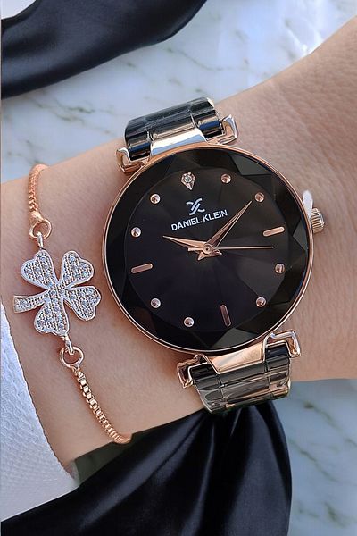 Daniel Klein Cut Glass 33 mm Black Stylish Women's Wristwatch with Zircon Stone Bracelet Gift