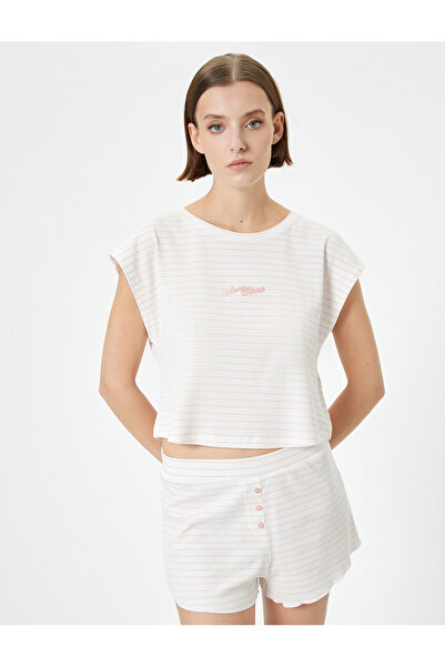 Koton Crop Pijama Üstü Kısa Kollu Bisiklet Yaka Nakışlı Fitilli Viskon Karışımlı