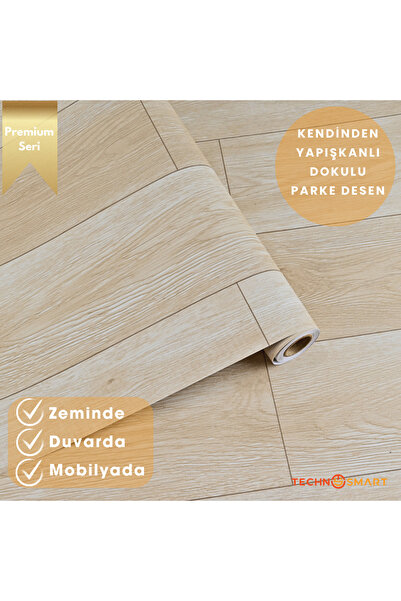 TechnoSmart 60×500cm Kendinden Yapışkanlı Parke Görünümlü Premium Zemin Duvar Kağıdı Dolap Kaplama