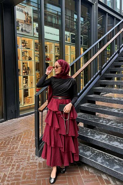 Melike Tatar 3-3008 Model Claret Red Layered Skirt