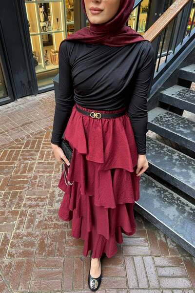 Melike Tatar 3-3008 Model Claret Red Layered Skirt