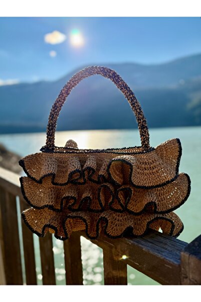 YELİZ HANDMADE El örgüsü kâğıt ip hasır fırfırlı kol çantası