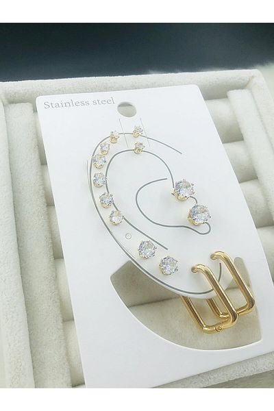 DS DİAMONDSHOP 7 Pairs Solitaire Model Steel Earrings - Byçkp- 202501505