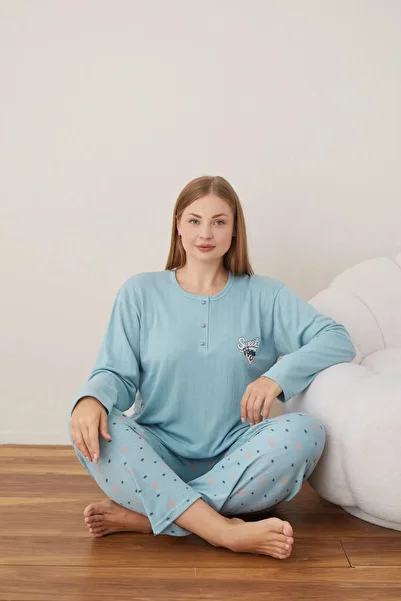 lindros Women's Cotton Button Collar Report Interlock Oversize Pajama Set 05108 - 1 Piece