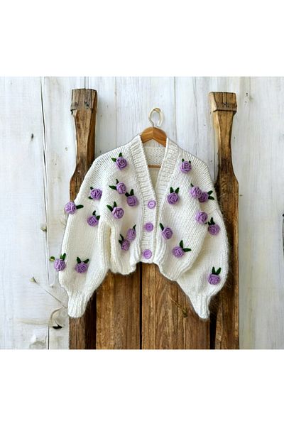 ThreadArtByNur Γυναικεία πλεκτή ζακέτα με ροζ λεπτομέρεια, ζακέτα λουλουδιών, μοντέρνα ζακέτα