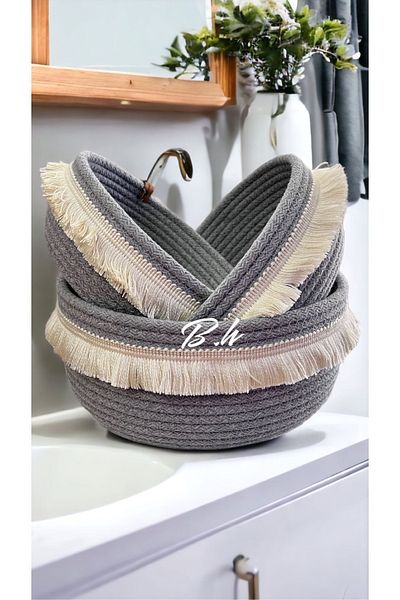 Bohemahomedecor Γκρι Τριπλό Ψάθινο Καλάθι Organizer - Μπάνιο και Διακοσμητικό Σχέδιο