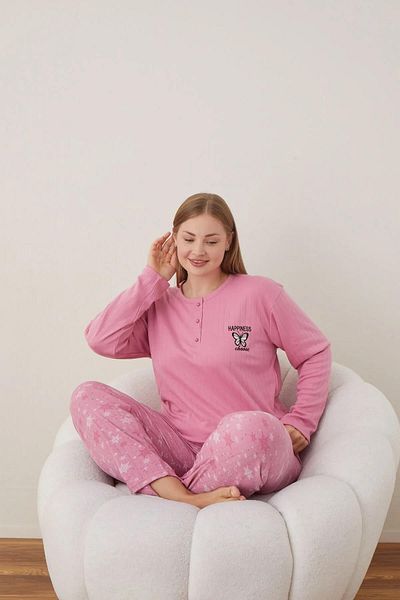lindros Set pijama supradimensionată pentru femei, bumbac, guler cu nasturi, interlock 05110 - 1 bucată