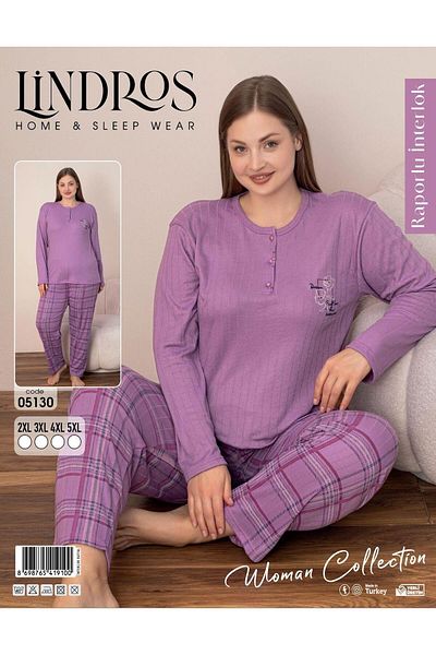 lindros Women's Cotton Button Collar Report Interlock Oversize Pajama Set 05130 - 1 Piece