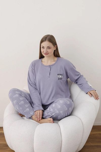 lindros Women's Cotton Button Collar Report Interlock Oversize Pajama Set 05114 - 1 Piece