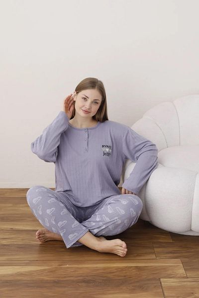 lindros Women's Cotton Button Collar Report Interlock Oversize Pajama Set 05114 - 1 Piece