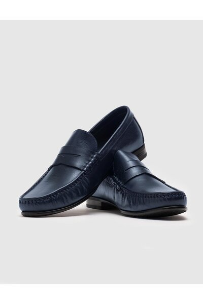 Cabani Men's Genuine Leather Navy Blue Loafer Shoes with Belt Detail