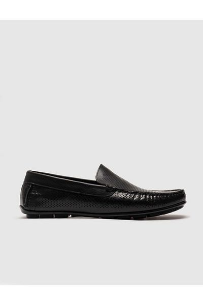 Cabani Genuine Leather Black Laser Cut Men's Casual Shoes
