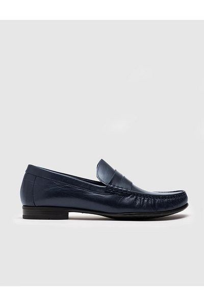 Cabani Men's Genuine Leather Navy Blue Loafer Shoes with Belt Detail