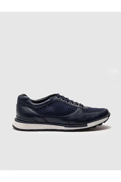 Cabani Genuine Leather Navy Blue Lace-Up Men's Sports Shoes